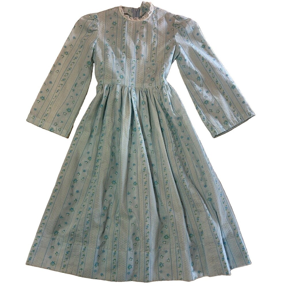 Vintage 70s Handmade Cottagecore Prairie Dress XXS Blue Floral Lace Talon Zip